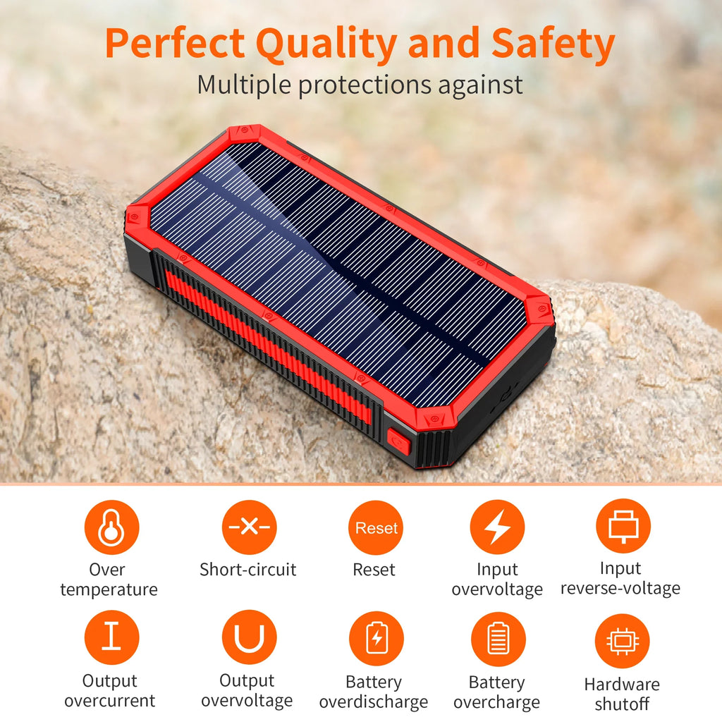 Solar Backup Portable Ports 4 Wireless 30000mAh, & Bank Power Charger Charger LED Solar External Fast Output 3 Battery, Flashlight