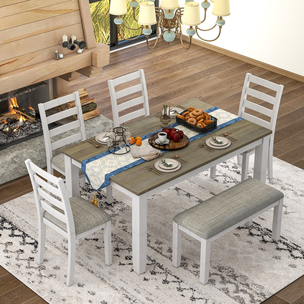 Bench, Set Room Rustic Dining Chairs With Whitewash 4 + CoSoTower Brown Style A 6-Piece Upholstered Table &