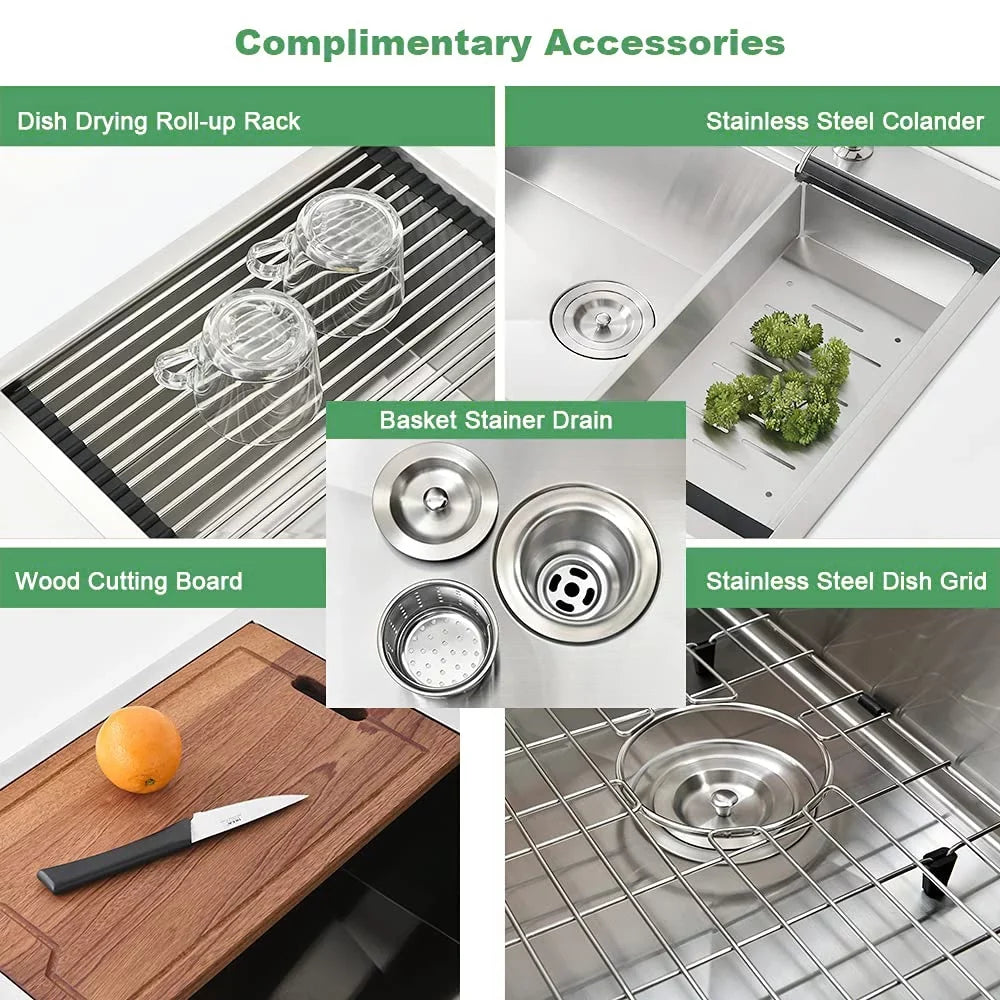 Bowl Kitchen 2 Holes Single Steel Sink Faucet Drop-In PROOX Stainless with 30''
