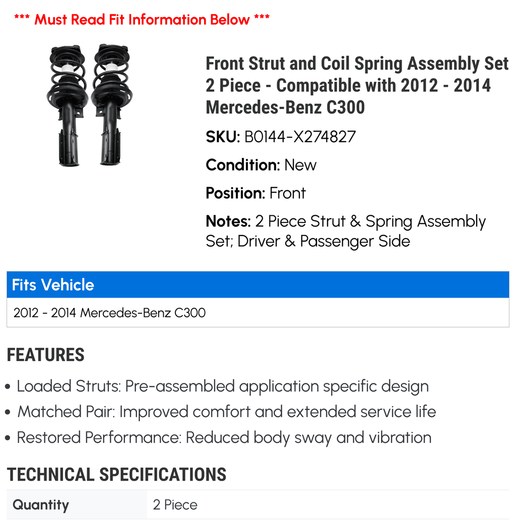 2012 2013 Coil 2014 - Piece Compatible Spring Assembly Set Mercedes-Benz C300 with Strut and 2 Front -