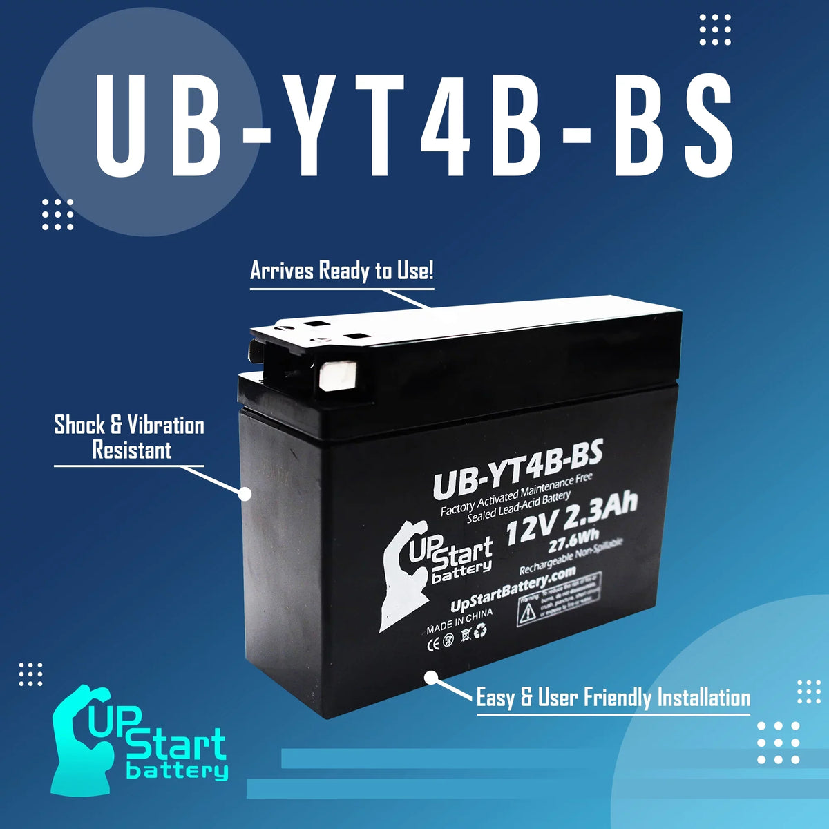 '- Replacement 2012 2.3Ah, Battery 12V, Activated, Battery Yamaha UB-YT4B-BS UpStart Factory Maintenance Free, for SR400 Motorcycle 400CC (FI) 4-Pack