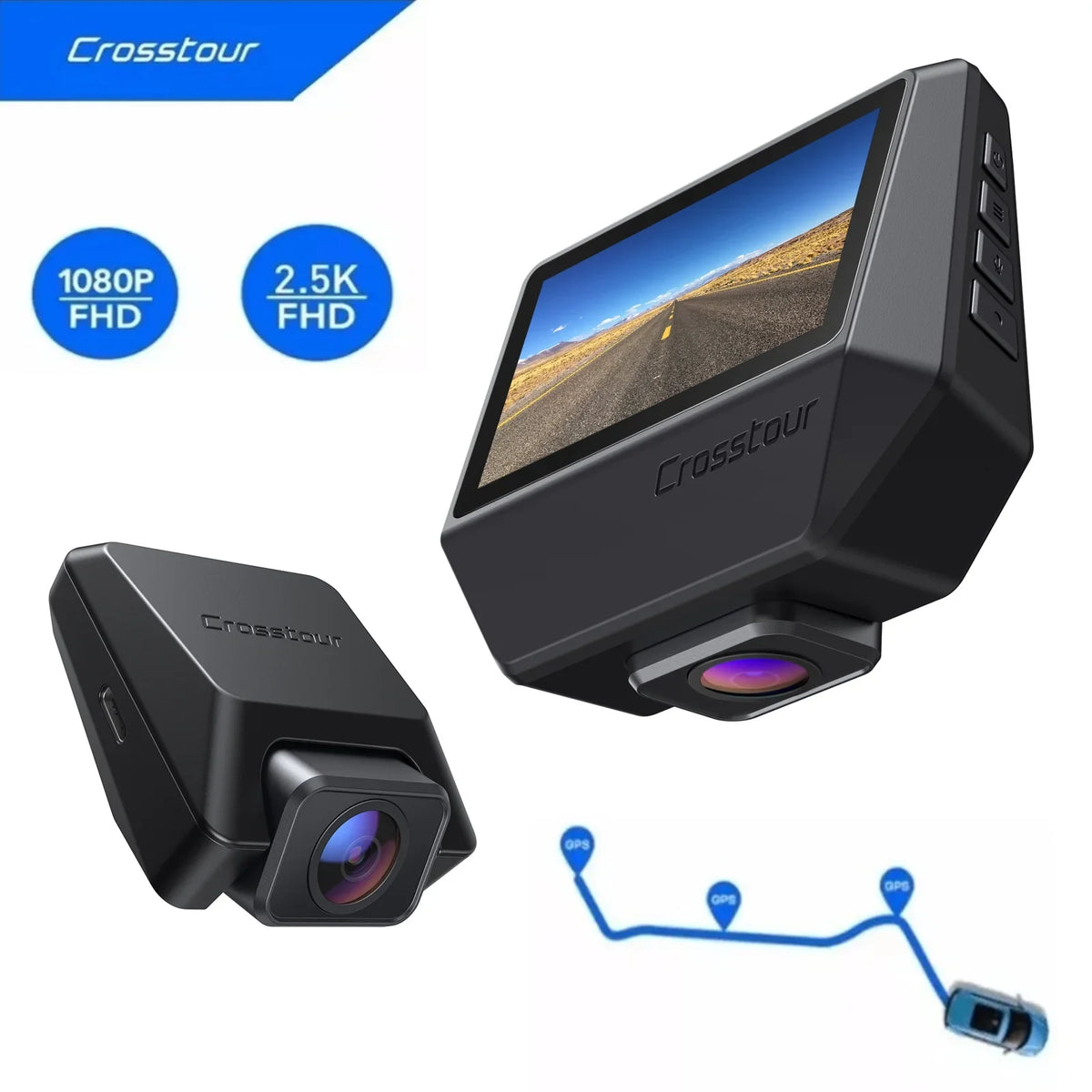 Recorder Backup 170° and Screen Cars Front Dash inch Rear, Camera Magnetic 3 Dashboard Camera GPS, 2.5K IPS Dash Crosstour Cam for