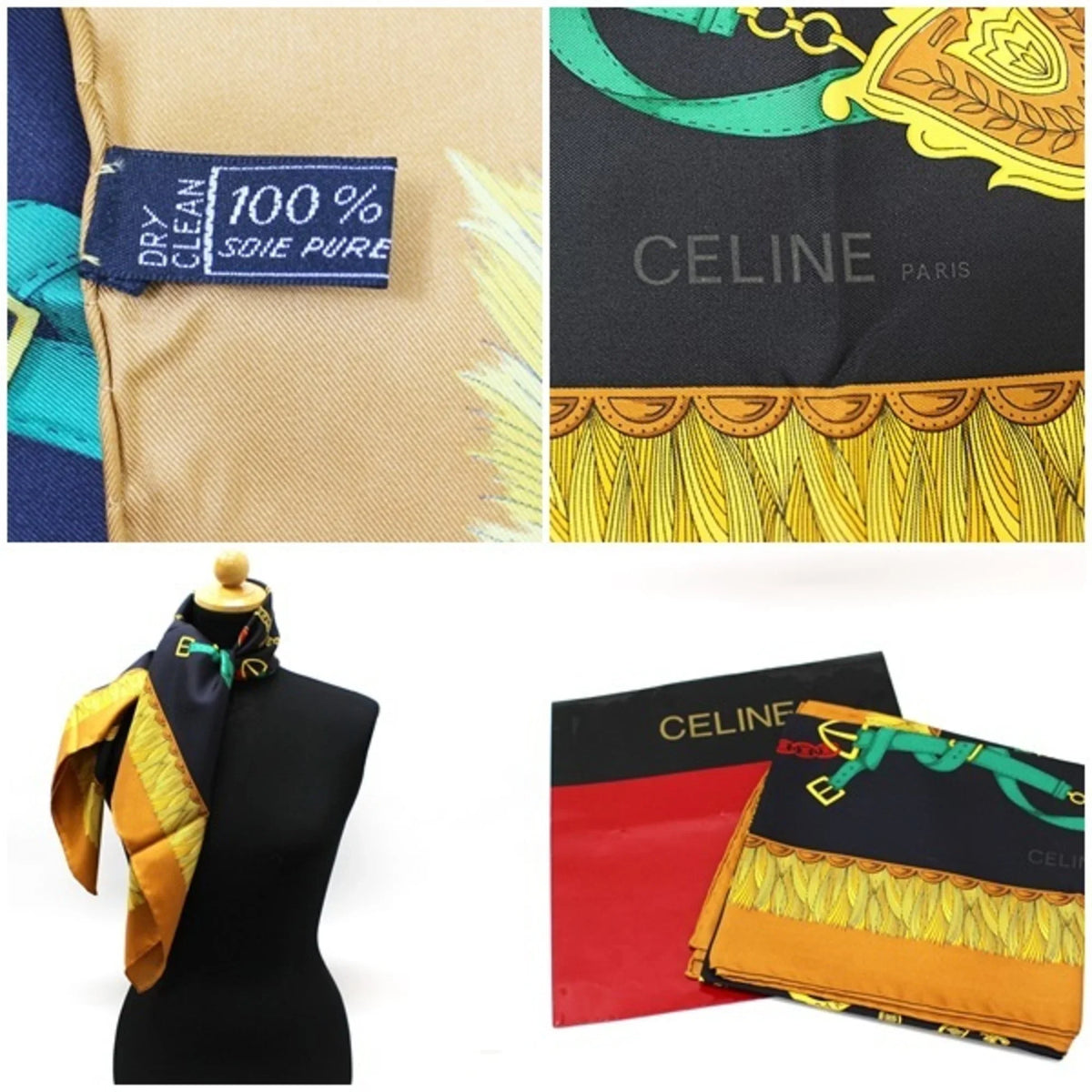 black (Like belt New) CELINE scarf ladies Celine paper Pre-Owned silk pattern beige case x with muffler