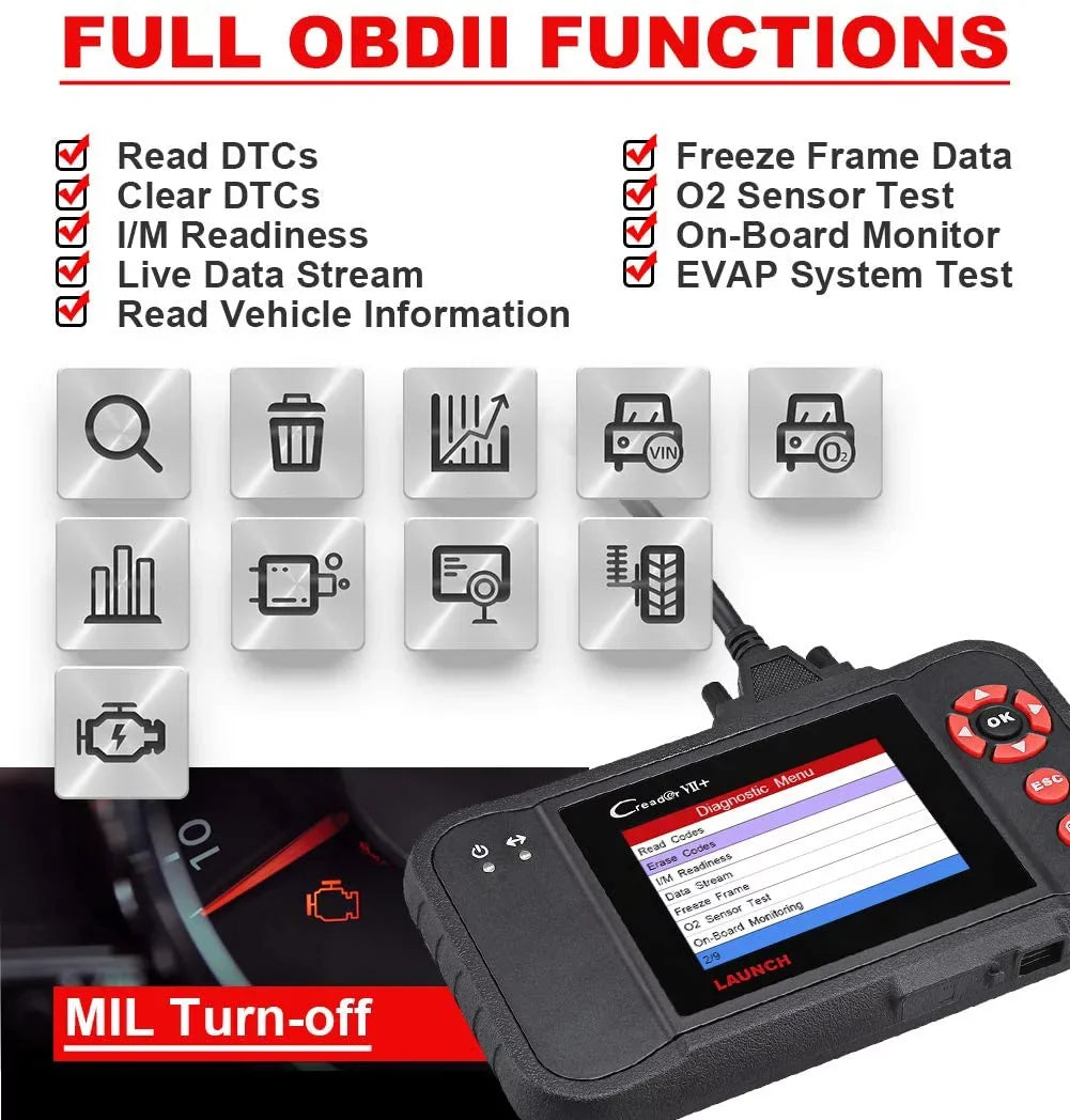 Launch Scanner Diagnostic VII+ Tool Creader Car Scan OBD2 X431 EOBD Reader (CRP123) Code