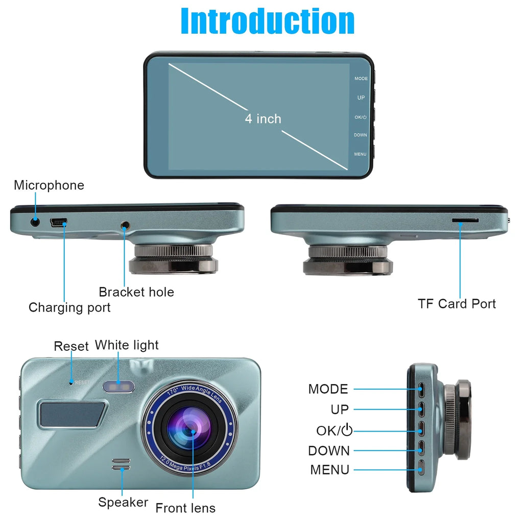 Screen Angle, 4 FHD DVR and Inch Front G-Sensor, Dash LCD 1080P Recorder Cam Wide (Sky Rear Blue) Touch Driving Car Camera - 170°