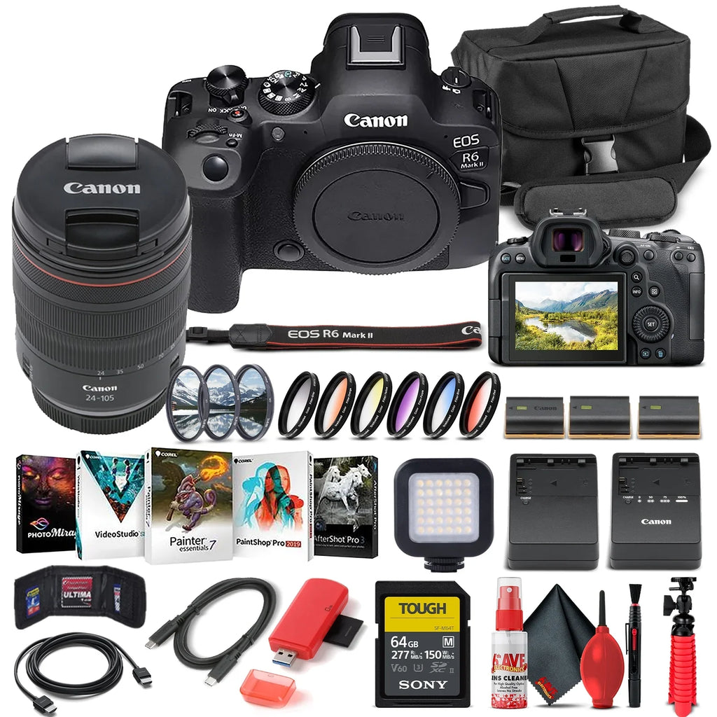 Mirrorless f/4 Charger + Corel + + Card x R6 + More LPE6 with Battery II Card + EOS Photo Software 2 Camera + + Memory 64GB LED Lens + Reader Light Mark Canon Case 24-105mm External (5666C011)