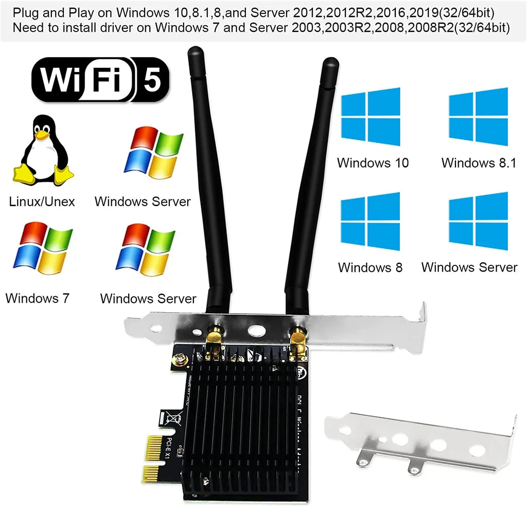 5GHz AC 867Mbps Windows Server 8 Wireless and Technology Dual Beamformee,MU-MIMO 10 2.4GHz 8.1 7 Express (32/64bit) WiFi Desktop Band PCs-TX 1200Mbps PCI 300Mbps Heatsink Card for