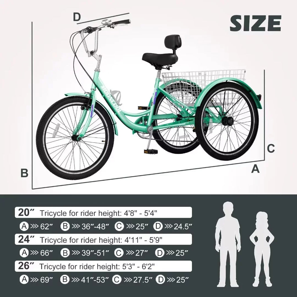 NAIZEA Men, Exercise Adult Outdoor Activities Tricycle, for Shopping 3 Basket 7 with Cruise Wheel Seniors, for 20" Large Trike Picnic Bikes Women, Speed