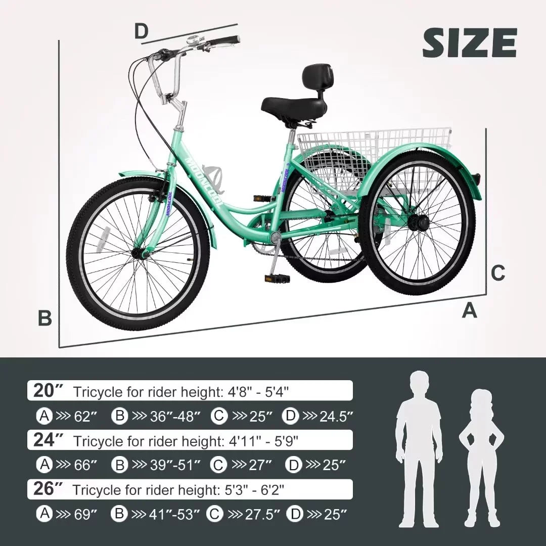 NAIZEA Men, Exercise Adult Outdoor Activities Tricycle, for Shopping 3 Basket 7 with Cruise Wheel Seniors, for 20" Large Trike Picnic Bikes Women, Speed