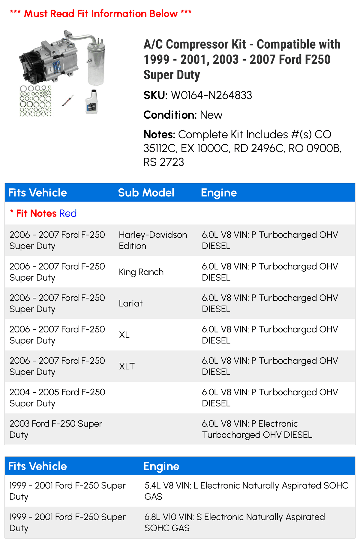 '- - F250 2000 Ford Super Compatible 2006 2007 with 2003 - 2004 Kit Compressor 2005 A/C 1999 Duty 2001,