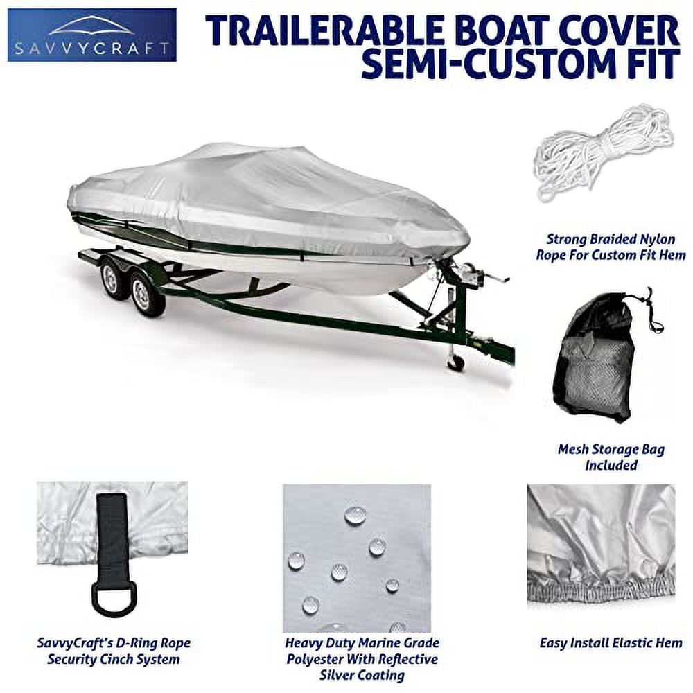 Waterproof Duty Pro-Style & 12ft-14ft to Heavy V-Hull Boats, Bass Savvycraft Long, Fish 12'-14', fits up Polyester Ski Beam 68" Marine Boat Cover Boats Grade Runabouts,