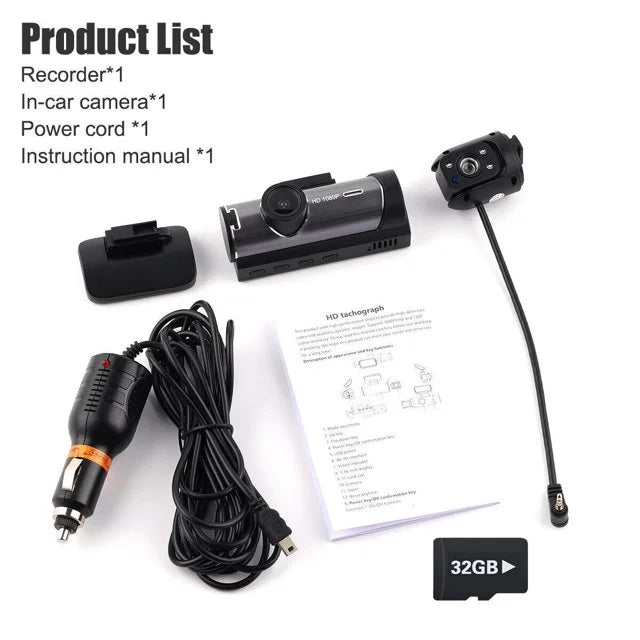 Video Xhy DVR Car 1080P or Night Cam Motion G-Sensor, Driving Dash Dual Inside Front Vision Lens Detection Camera HD Recorder