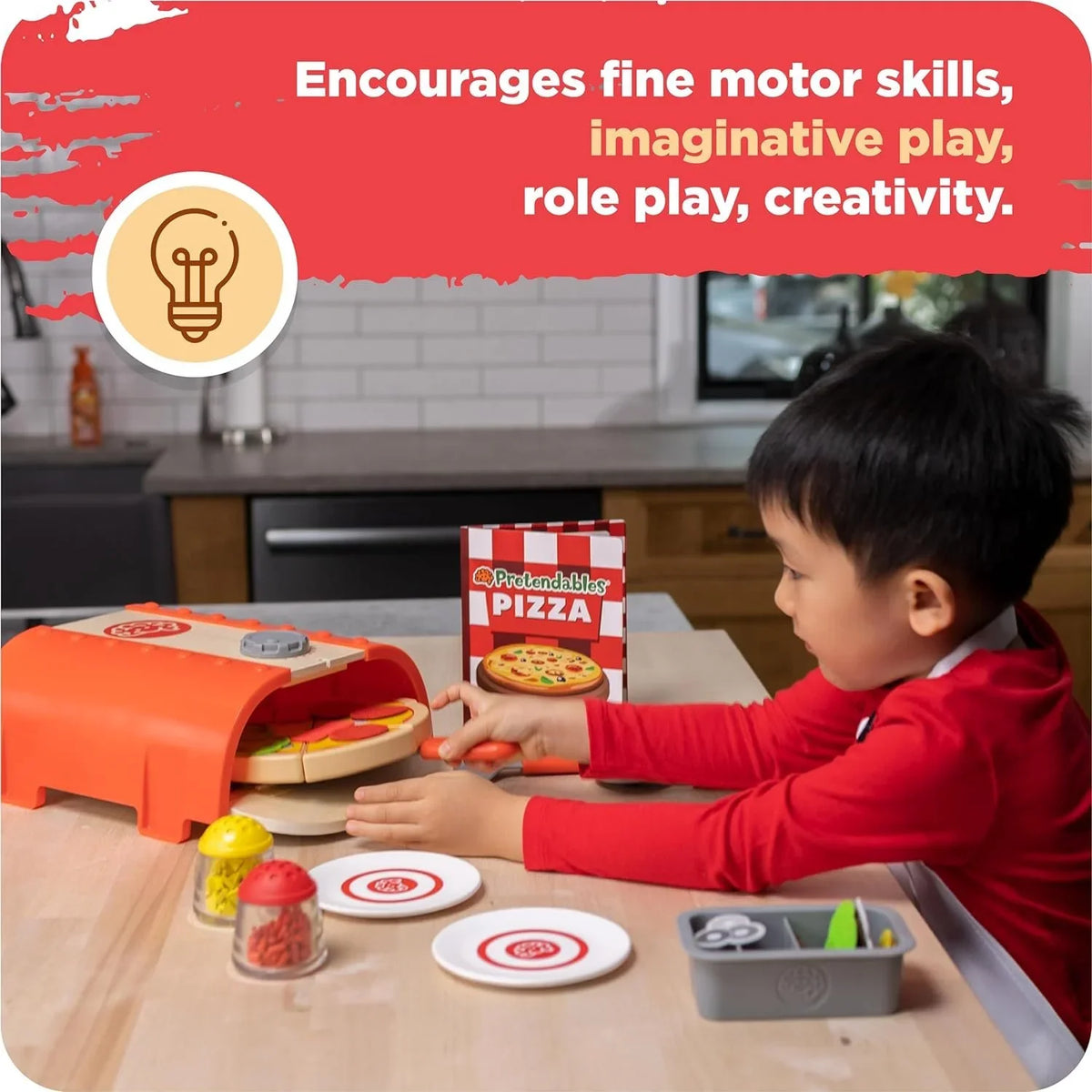 Pretendables Playset Pizza Fat Toys Brain with Pretend Storage, Oven Set - 3+ Backyard