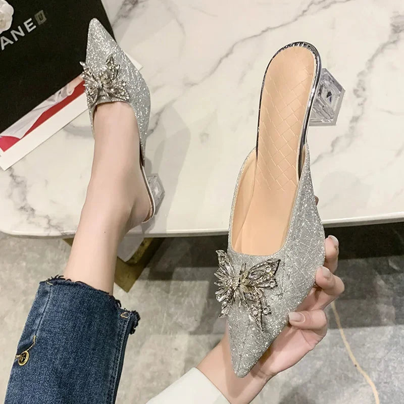 High Pointed 2024 Toe Luxury Flip Women Designer Sexy Dress Summer Flops Sandals Crystal Heels Shoes Slides Mules Pumps