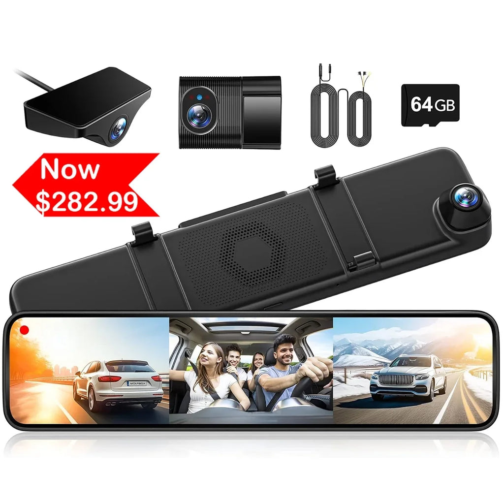 Camera Channel, Car 3 Loop Recording, Mirror with GPS&64GB Detection, Touch Parking Card, Night Car Cam Screen Camera Backup Vision, Triple with Motion Dash 2K Monitor,Vehicle WOLFBOX