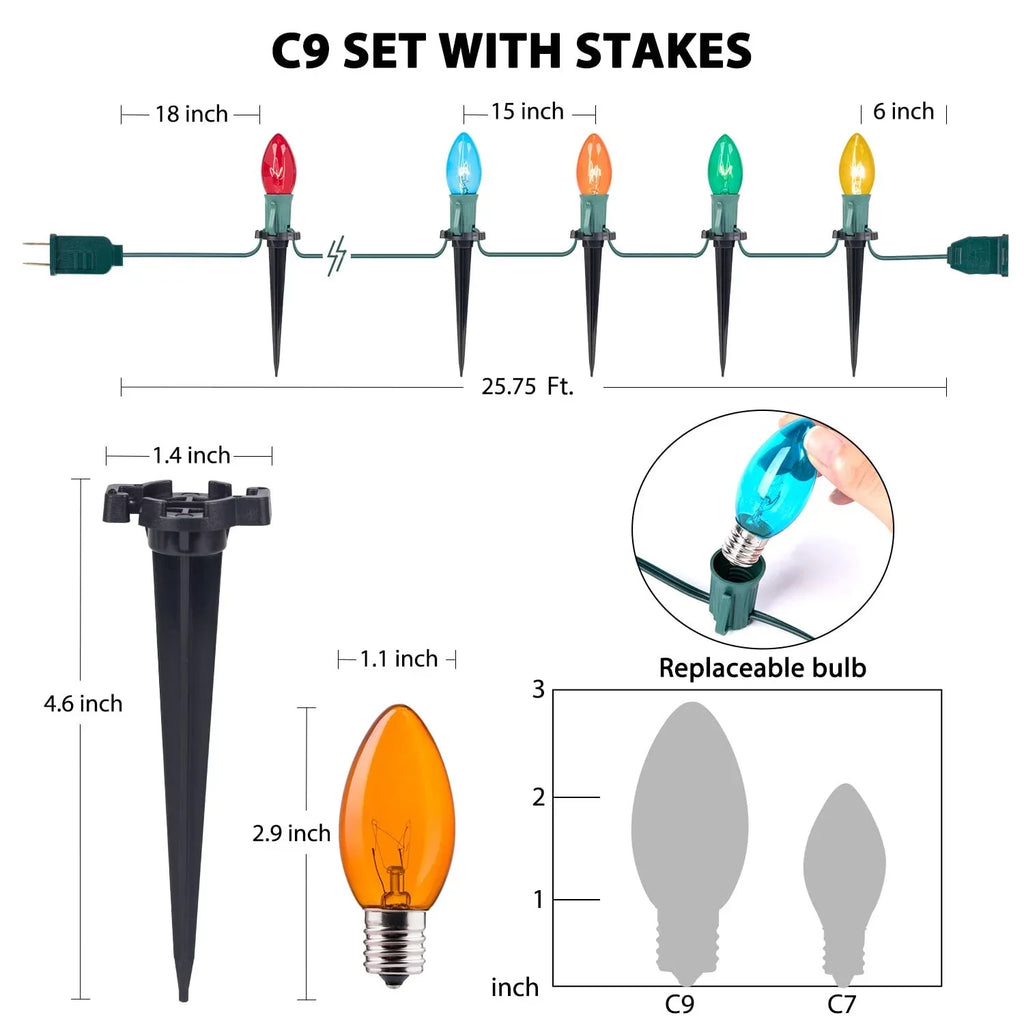 51.5 Christmas Stakes Feet C9 Light (2Sets) Walkway Yard Driveway Christmas Outdoor Lights ALLJOY Patio Pathway