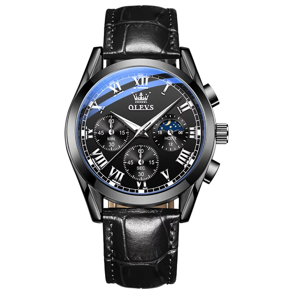 for Waterproof Sports Watches Classic Chronograph Men Strap Wristwatch Analog Reloj, Male Watches OLEVS Luxury Luminous with Quartz Leather Mens Business