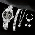 Wrist Watch 6pcs Rhinestone For Her Fashion Jewelry Set, & Analog Luxury Quartz Women Watch Hiphop Gift