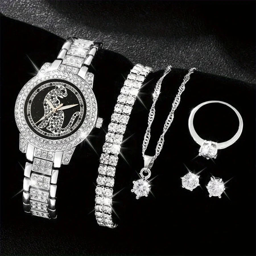 Wrist Watch 6pcs Rhinestone For Her Fashion Jewelry Set, & Analog Luxury Quartz Women Watch Hiphop Gift