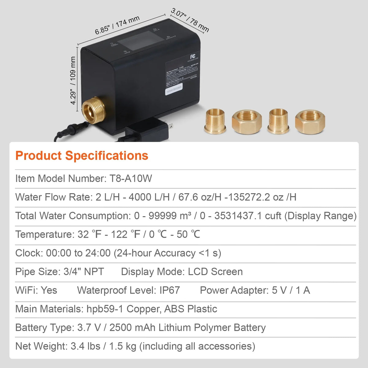 Smart or Water Detector Monitor SKYSHALO Diameter. Shutoff Automatic Leak 1" Available pipeline in 3/4"