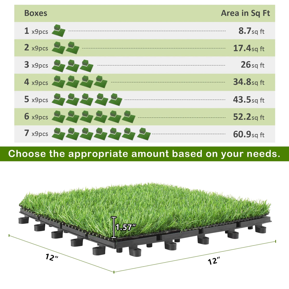 Turf Flooring Grass x Tile Artificial 12'' Tile, x 9pcs 2'' 12'' BuxWellBang Interlocking