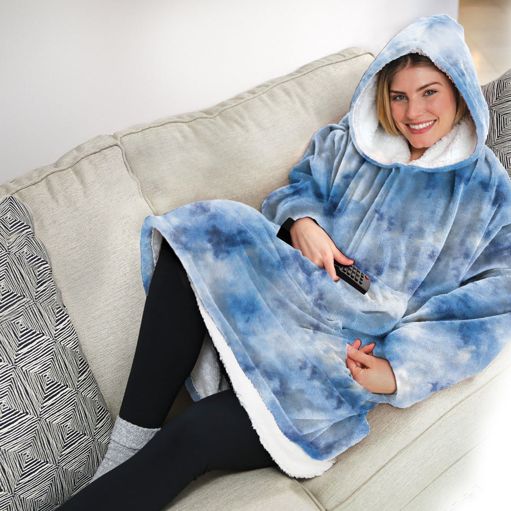 Huggle & Blanket Sherpa Wearable Dye Hoodie, Tie Fleece Hoodie, Blue