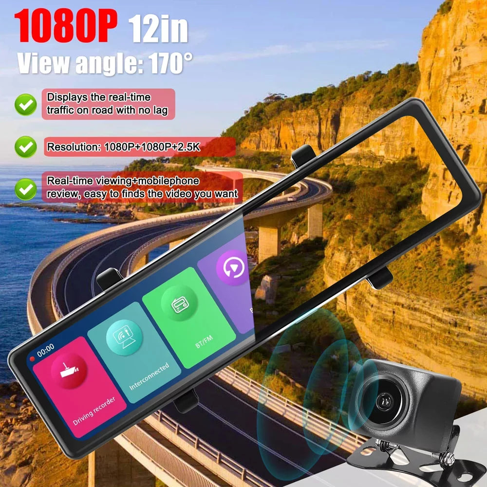 Cameras, Connectivity, Driving Clear Capture Recorder Rearview Dash Road Moment Auto Cam: Video Every the Recording 3 Touchscreen, - on BT 12in 2.5K - Mirror