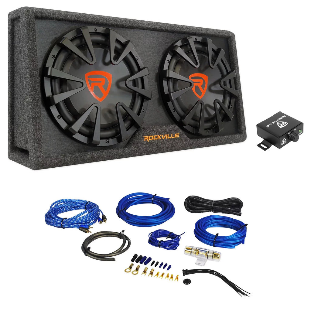 Dual 2000w inches RG212CA Enclosure+Amp Powered Car Subwoofer Kit Rockville 12 Vented