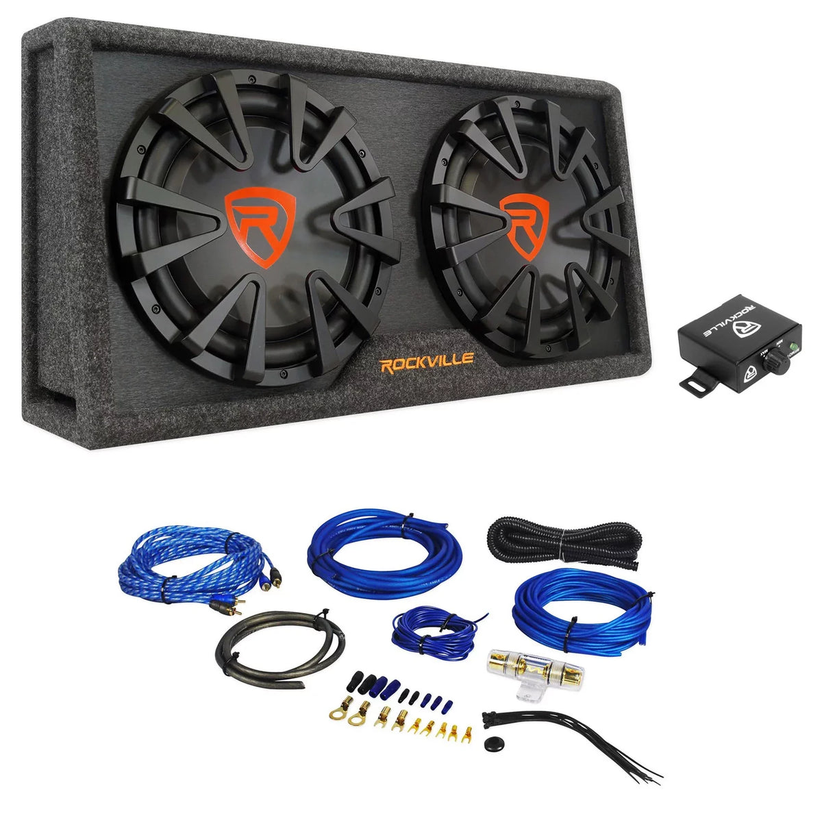 Dual 2000w inches RG212CA Enclosure+Amp Powered Car Subwoofer Kit Rockville 12 Vented