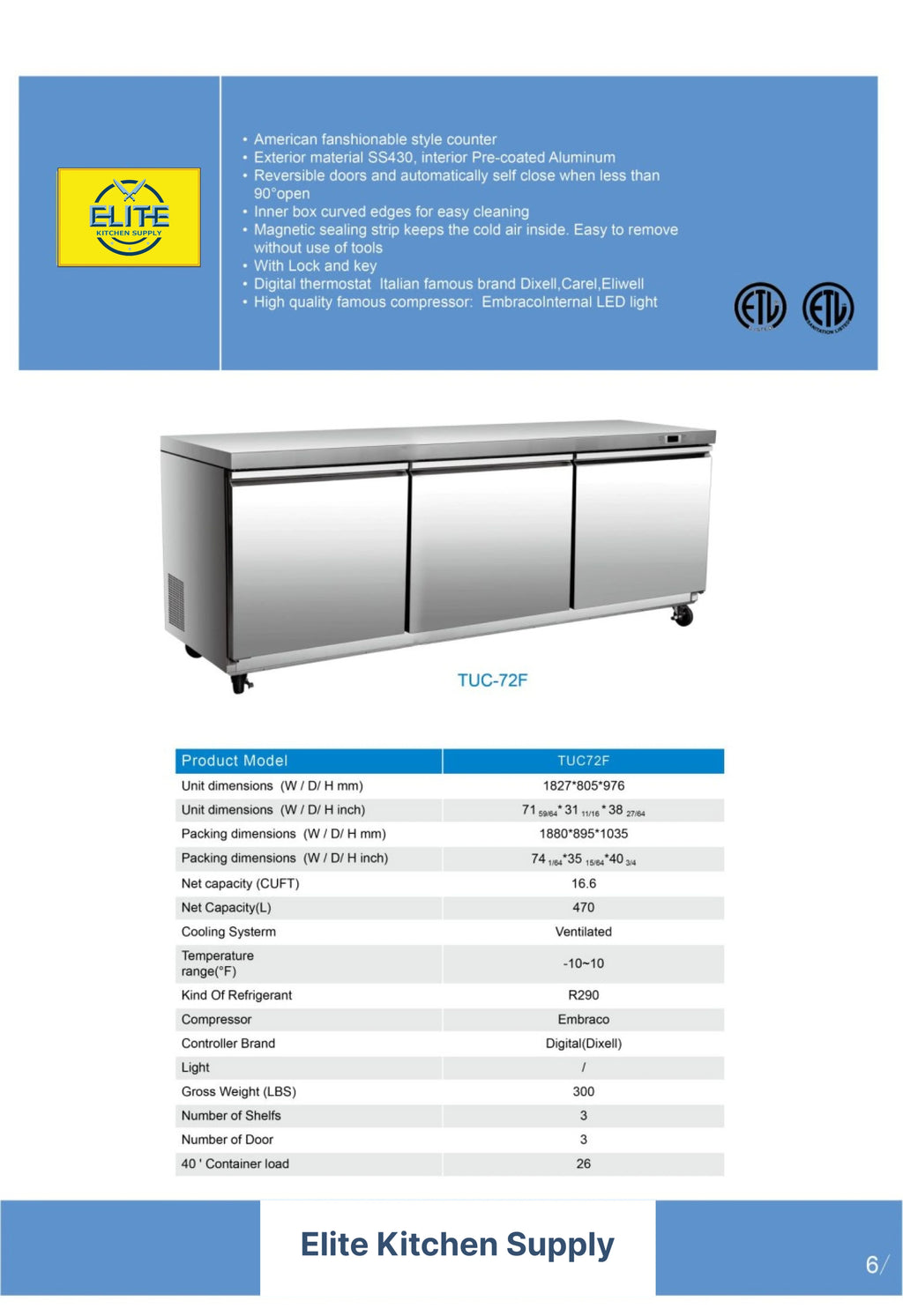 Undercounter 72 Freezer Three Door cu. Commercial in. ft. 16.6