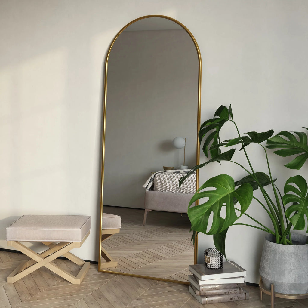 Glam Metal Mirror Arch Modern Gold 70"x28" Floor Nadia
