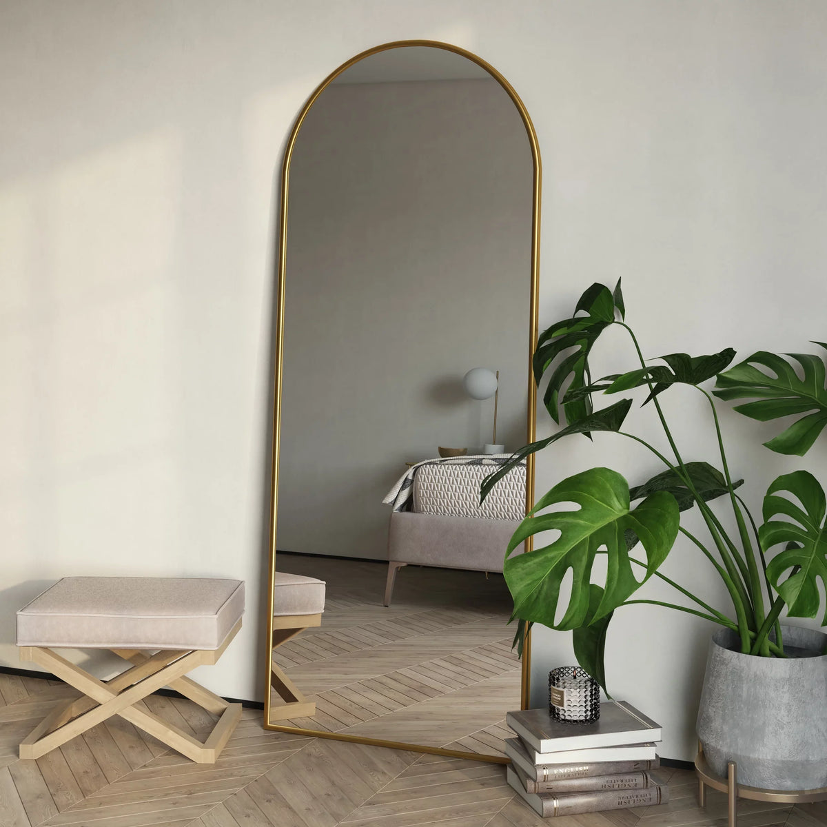 Glam Metal Mirror Arch Modern Gold 70"x28" Floor Nadia