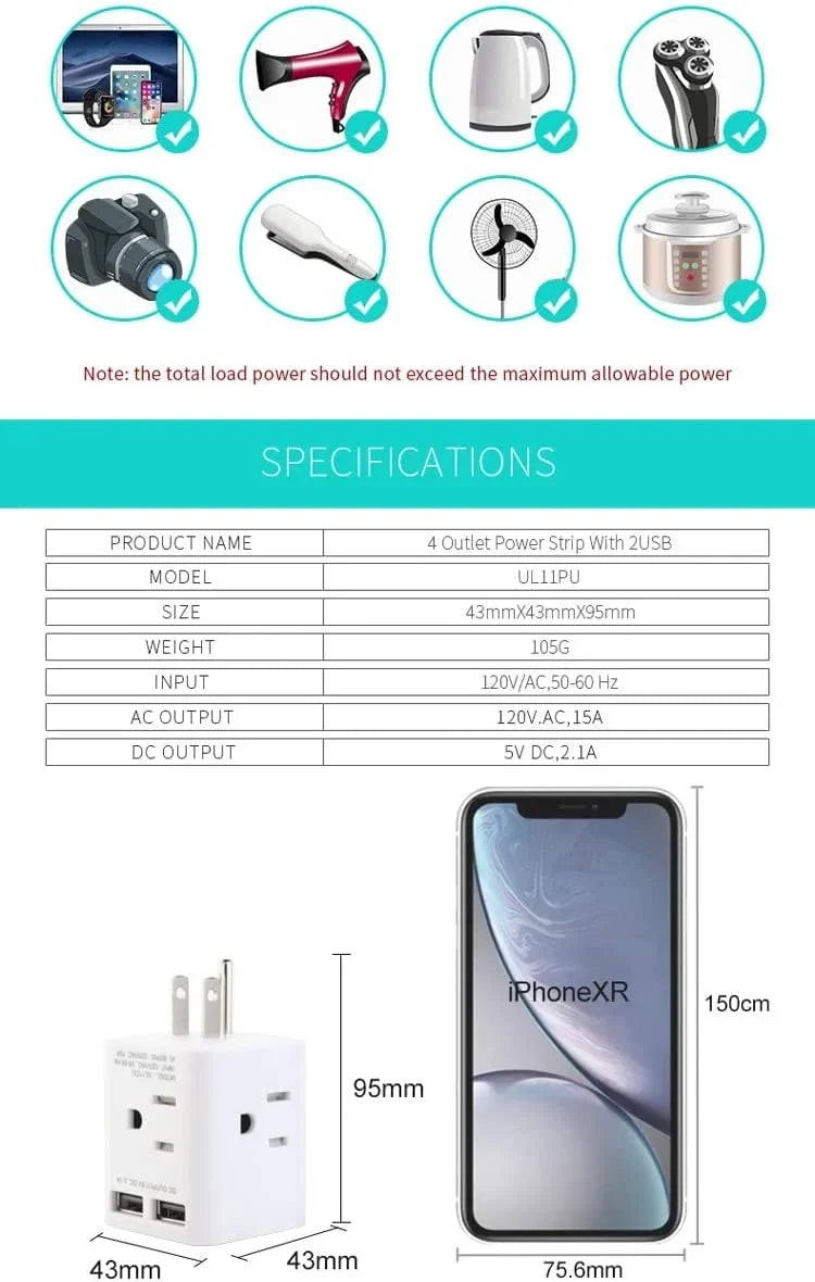 Sockets, Spaced AC Multi Cruise and Office 4 USA Home Cube Wonplug Wall 2 Plug Extender Travel,White Ship 3 Right Outlet Prong Charger Plug Angle for Splitter Adapter Wide Adapter with USB