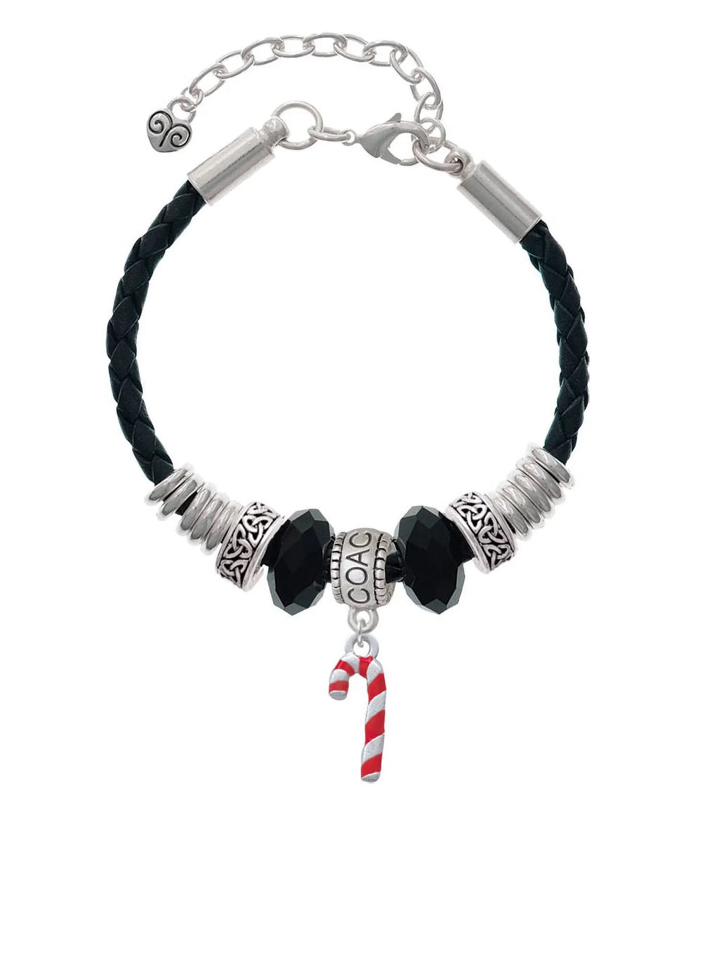 7"+2" Coach Bead Red Leather Enamel Knot Jewelry Cane Bracelet, Celtic 3-D Silvertone Candy Delight Extender