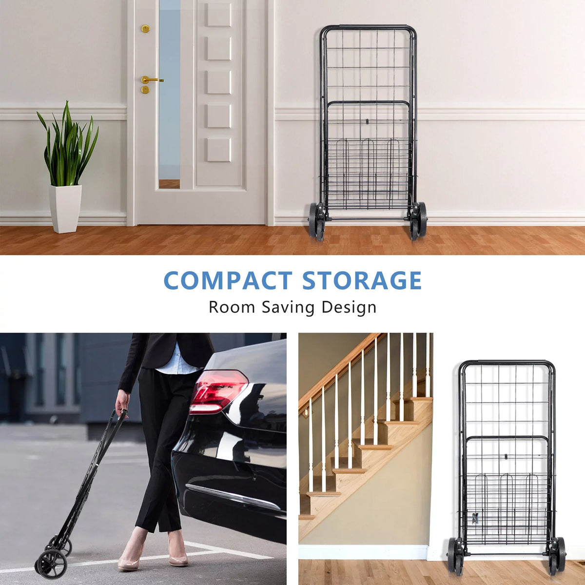 Black Utility Basket Book Grocery Wheels Laundry with ZENY Shopping Luggage Double and for Folding Cart Travel,