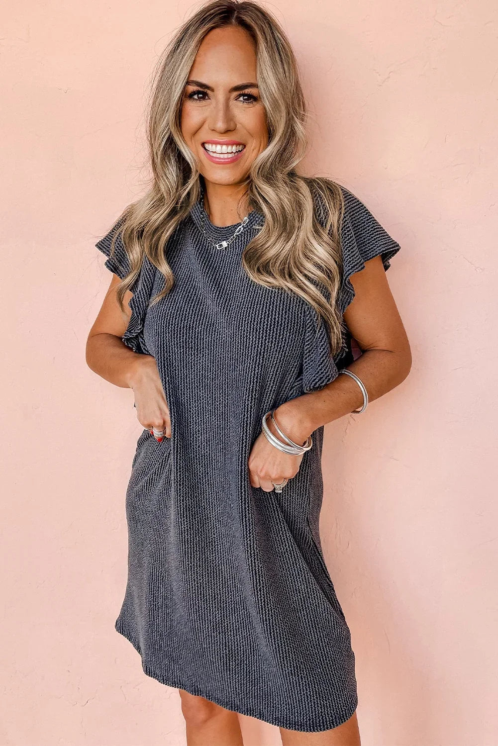 Red Flutter Sleeve Mini Plain Dress Ribbed Rose