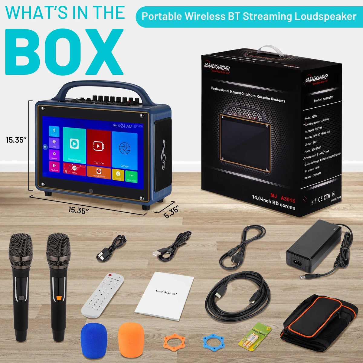 Touch Microphone/WiFi/USB/SD/PC/TV/Phones/HDMI Portable BT Karaoke Machine Adults&Kid,14”HD Screen/Android 12/4+64G,Support Loudspeaker for Streaming Systems Wireless