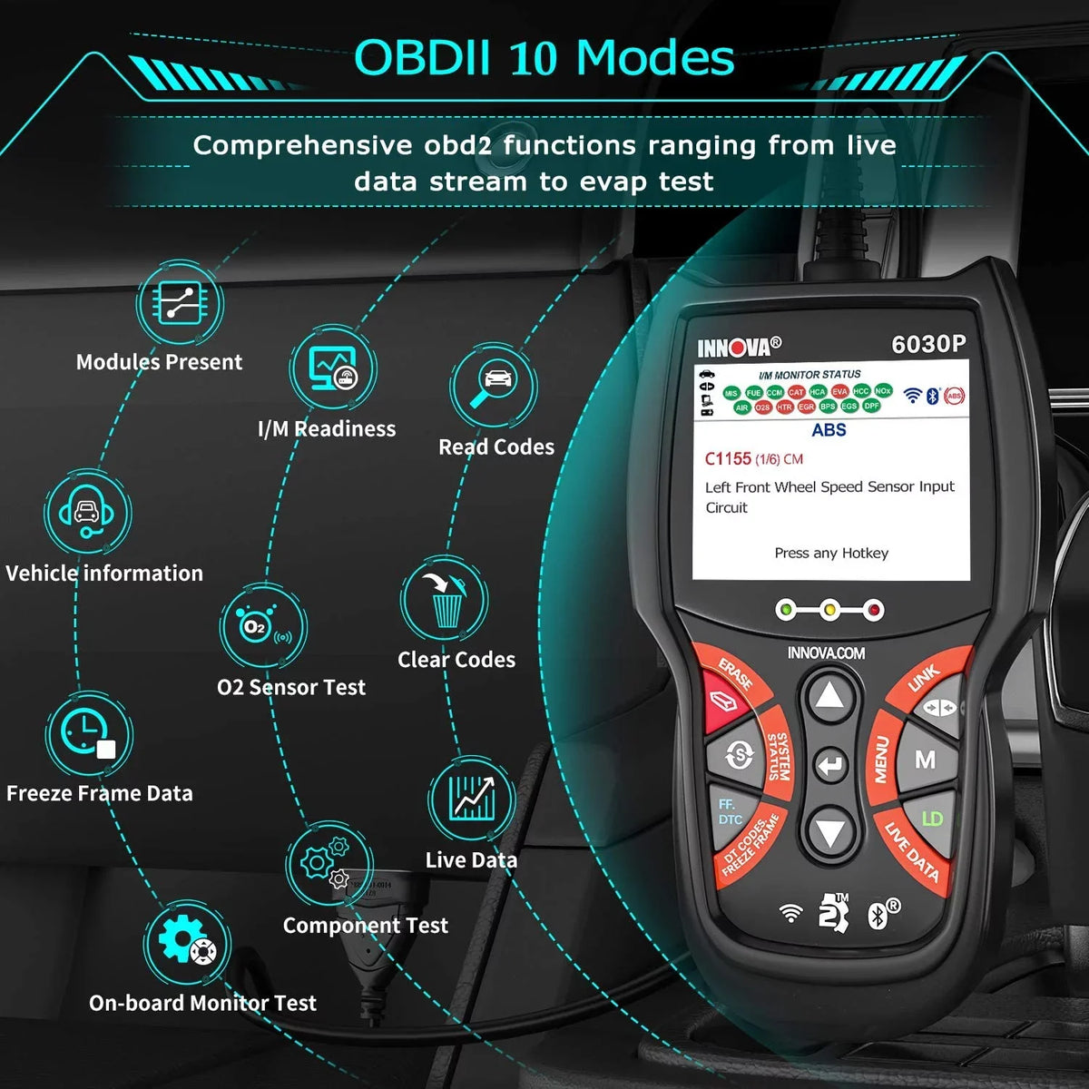INNOVA Full Diagnostic Turn Scanner Modes Battery OBD Tool Analyzer Scan Check ABS off Reader MIL OBDII Test Automotive Automotive 12V Engine Code Scanner 6030P Scanner OBD2 EOBD for Alternator Car