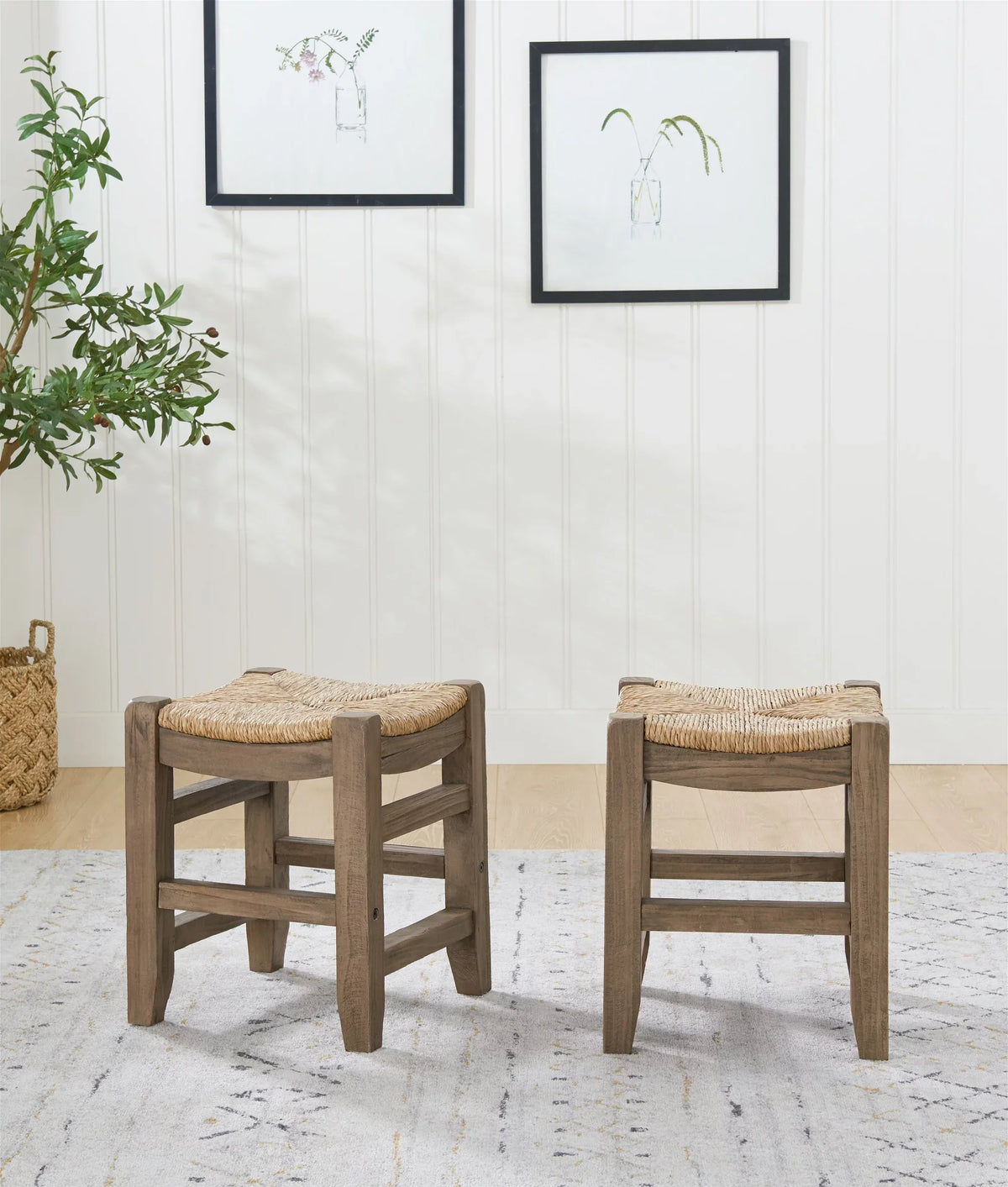 Wood Stools Alaterre of Set 18"H Rush with Two Newport Seats