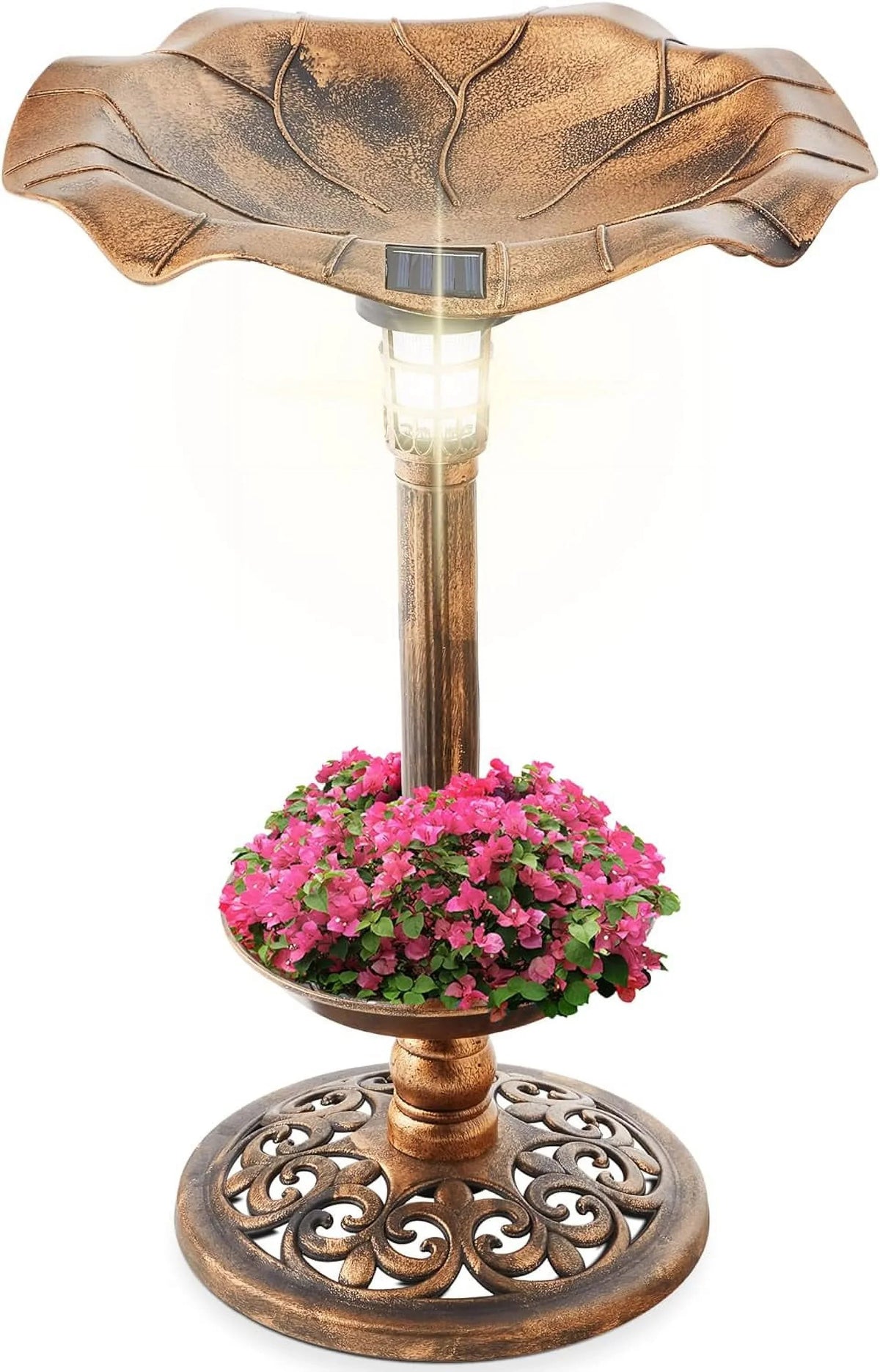 Bath Solar Lighted Fountain Scroll W/Planter, For Garden Pedestal Bronze Decoration - Lawn, Outdoor Integrated Accents Panel,