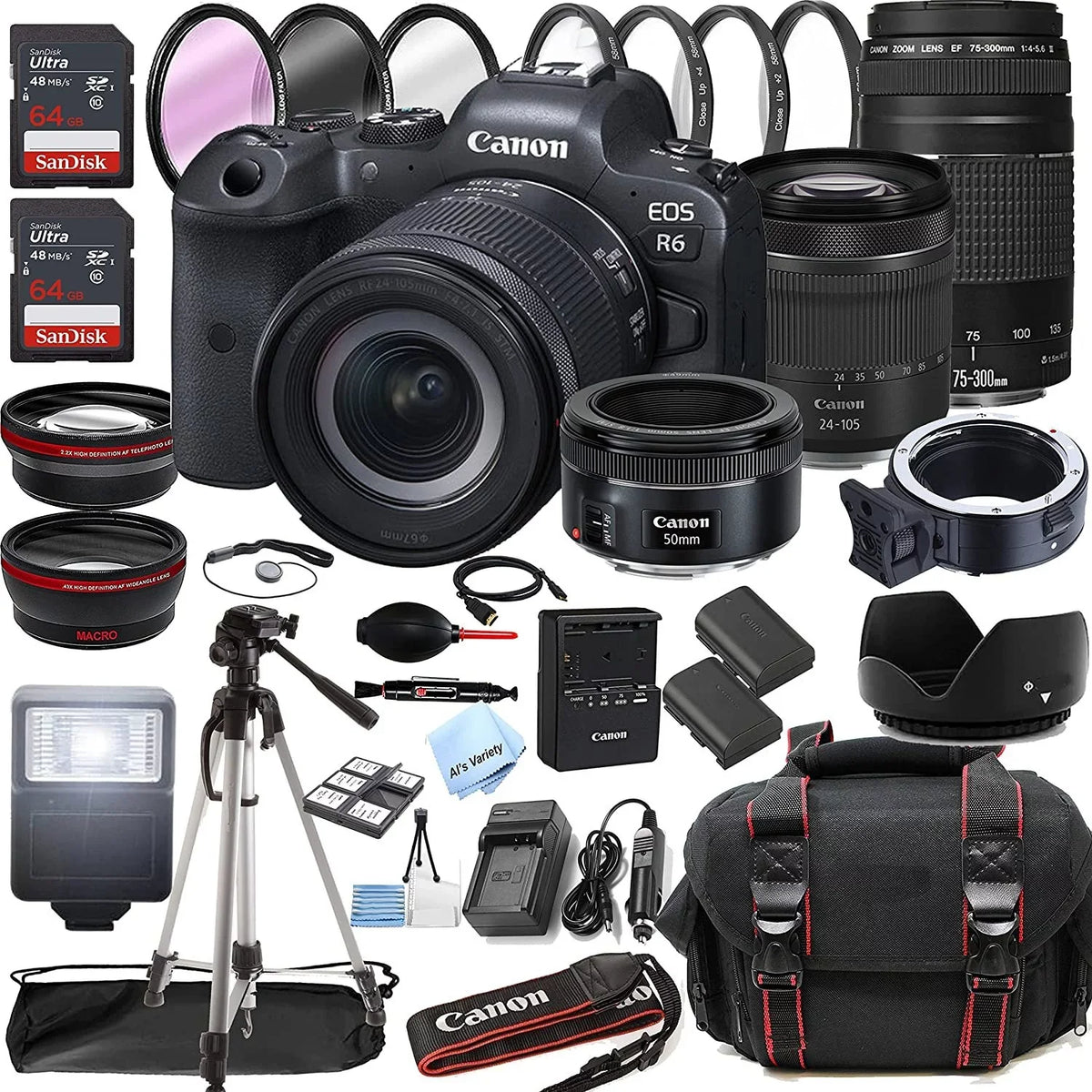 50mm + Canon III R6 f/1.8 Lens 24-105mm + f/4-7.1 + F/4-5.6 STM + Camera 43pc 128GB Memory Bundle 75-300mm Digital Case Mirrorless Filters RF Lens EOS Tripod + STM + with Lens