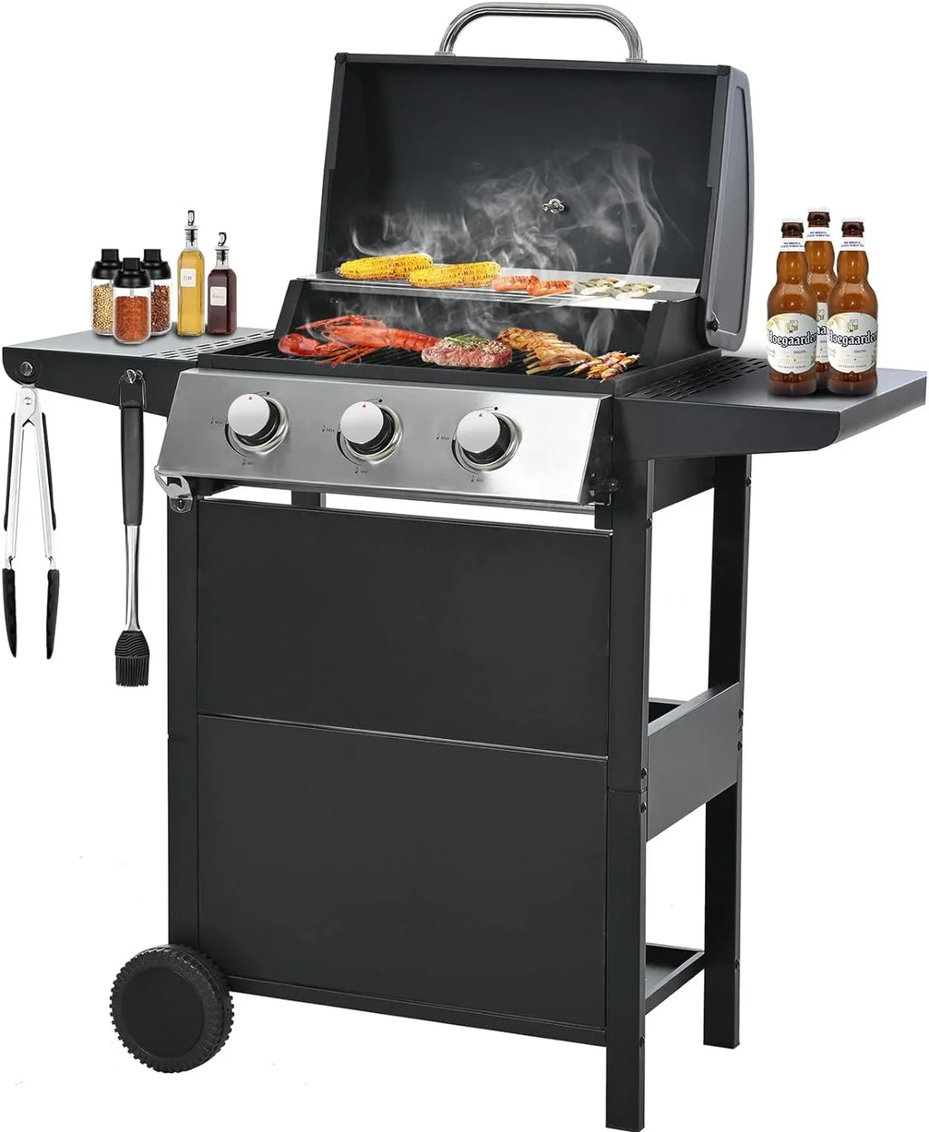 Outdoor 2 BBQ Garden for Propane Patio Shelves, Gas Portable Picnic Wheels, Grill, Backyard Lid, Steel with Top Grill Forclover and Side Cover 3-Burner Stainless