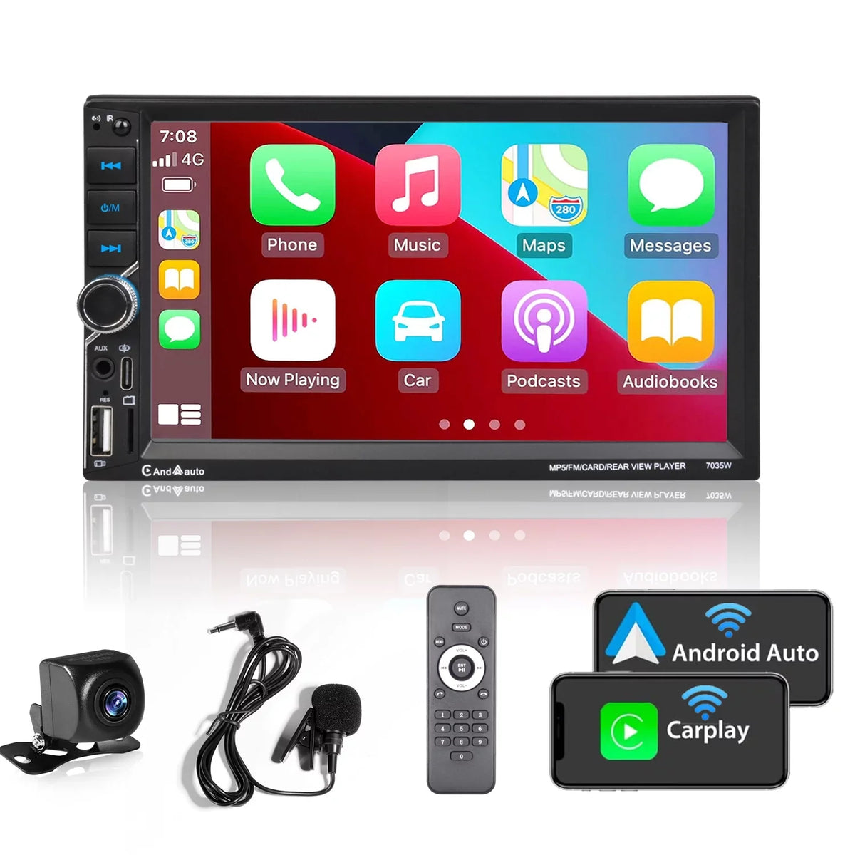 Auto Car Din AM/FM Apple Android Double Bluetooth [Wireless] Radio CarPlay Camera USB Touchscreen 7" Stereo Rear