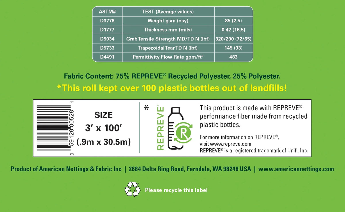 REPREVE Premium Plus Recycled 3' (Lifetime) Landscape Fabric Nettings Contractor 100' American x