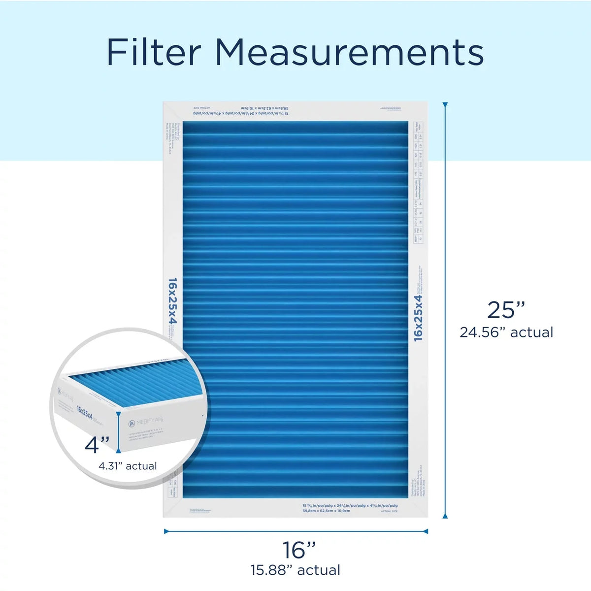 HEPA (MERV 16x25x4 Air 2-Pack) Cleaning 95% Filter 13, Air Pleated Particles Medify
