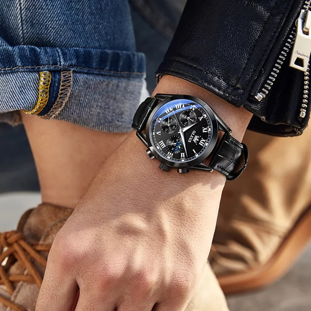 for Waterproof Sports Watches Classic Chronograph Men Strap Wristwatch Analog Reloj, Male Watches OLEVS Luxury Luminous with Quartz Leather Mens Business