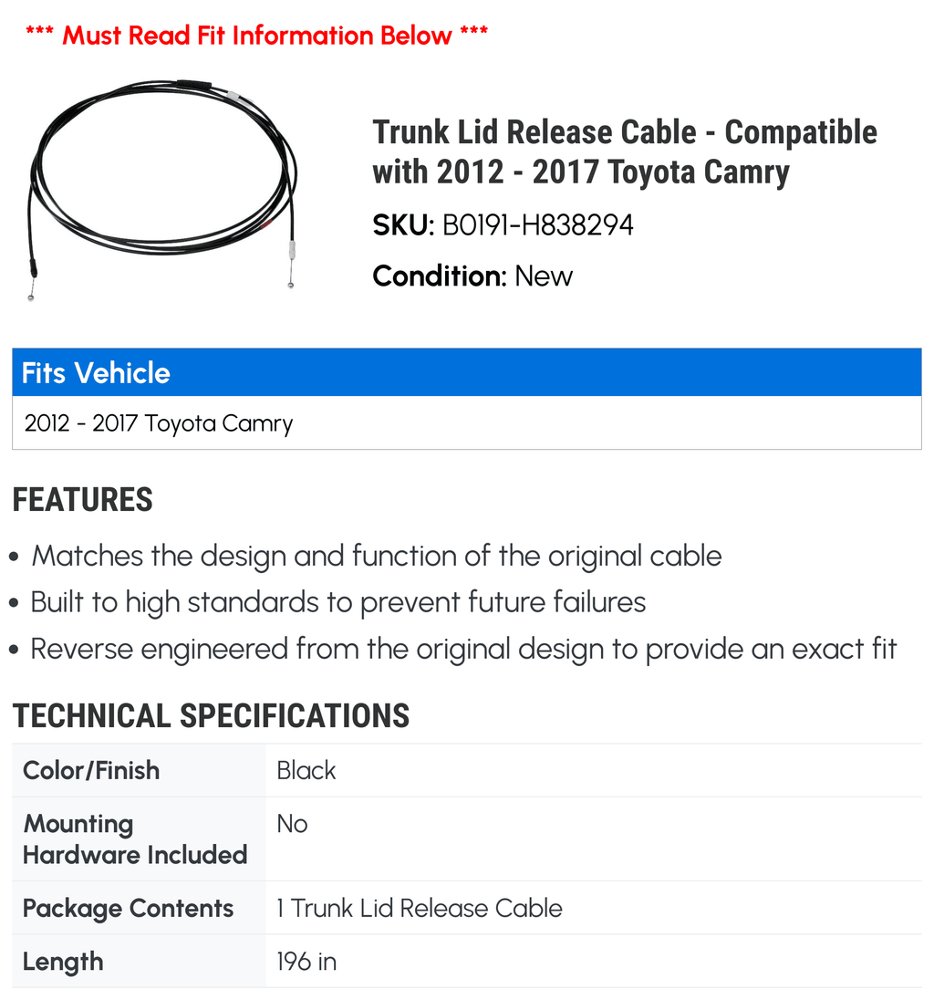 Release Camry Lid Toyota 2015 Compatible 2014 - Cable 2012 with Trunk 2013 - 2016 2017