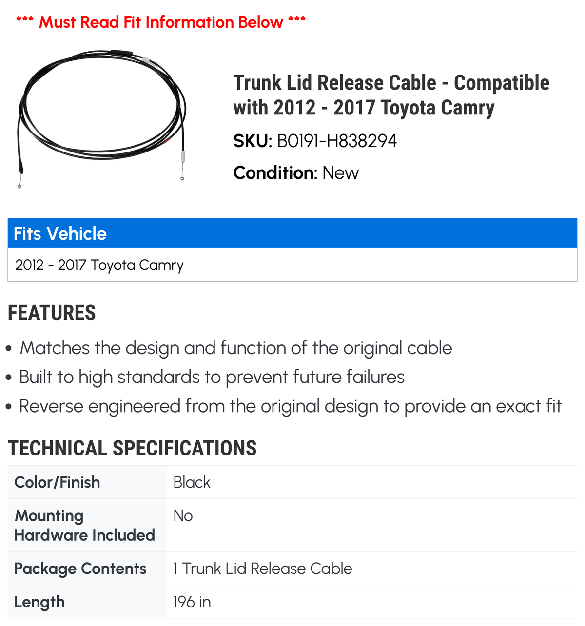 Release Camry Lid Toyota 2015 Compatible 2014 - Cable 2012 with Trunk 2013 - 2016 2017