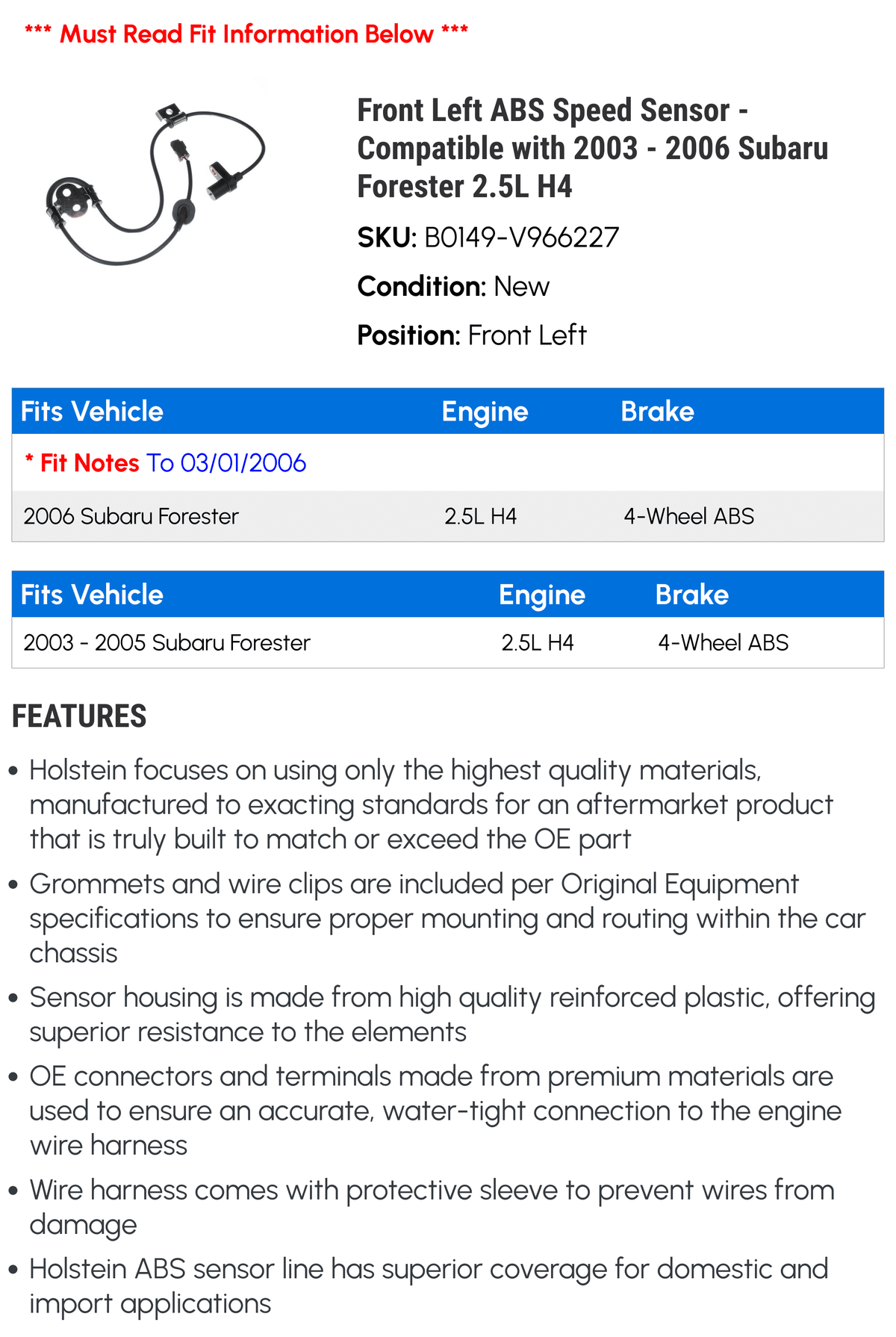 2003 2.5L Sensor H4 Left 2006 Speed Front with 2005 Forester Subaru 2004 Compatible - ABS -