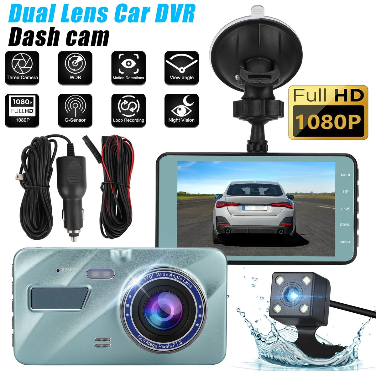 Screen Angle, 4 FHD DVR and Inch Front G-Sensor, Dash LCD 1080P Recorder Cam Wide (Sky Rear Blue) Touch Driving Car Camera - 170°